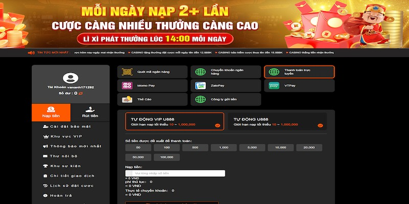 Những lưu ý khi thực hiện giao dịch nạp tiền U888